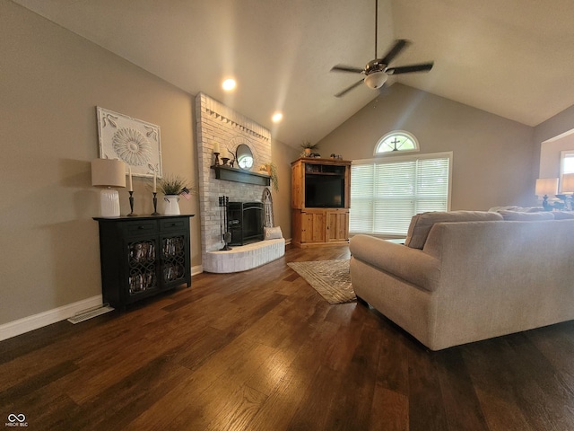 1714 Michelle Mnr, Danville, IN 46122 - living area featuring ceiling fan, wood finished floors, plenty of natural light, a brick fireplace, and vaulted ceiling