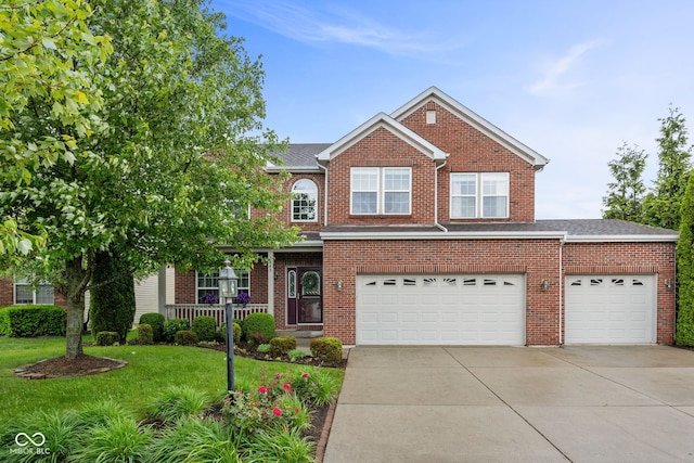 3449 Brixford Ln, West Lafayette, IN 47906 - traditional-style home with driveway, a front yard, brick siding, a porch, and a garage