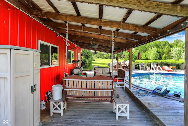 186 W 600 N, Alexandria, IN 46001 - wooden terrace with an outdoor living space, an outdoor pool, and fence