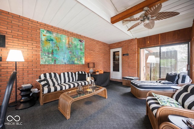 3000 E County Road 400 N, Muncie, IN 47303 - living room with brick wall, carpet, a ceiling fan, and beamed ceiling