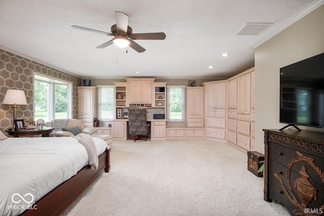 3000 E County Road 400 N, Muncie, IN 47303 - bedroom featuring crown molding, multiple windows, a textured ceiling, light colored carpet, and ceiling fan
