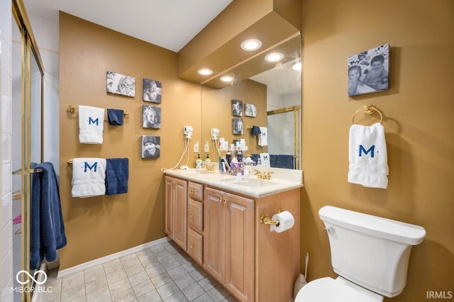 3000 E County Road 400 N, Muncie, IN 47303 - full bath with a stall shower, toilet, baseboards, double vanity, and tile patterned floors