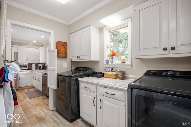 3000 E County Road 400 N, Muncie, IN 47303 - clothes washing area with crown molding, light wood-style floors, cabinet space, washing machine and dryer, and recessed lighting