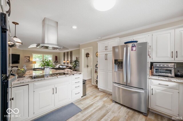 3000 E County Road 400 N, Muncie, IN 47303 - kitchen with stainless steel fridge, black electric cooktop, extractor fan, crown molding, and white cabinetry