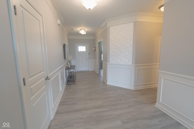 4863 Sherlock Dr, Westfield, IN 46062 - corridor featuring a decorative wall, crown molding, light wood-type flooring, and wainscoting