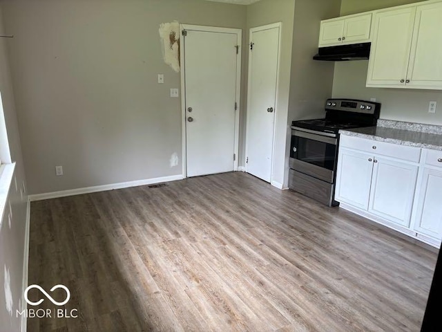 1002 Brookside Ln, Plainfield, IN 46168 - kitchen with stainless steel electric stove, under cabinet range hood, light wood-style floors, white cabinets, and baseboards