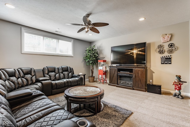 10784 Giselle Way, Fishers, IN 46040 - living area with ceiling fan, baseboards, carpet floors, recessed lighting, and a textured ceiling