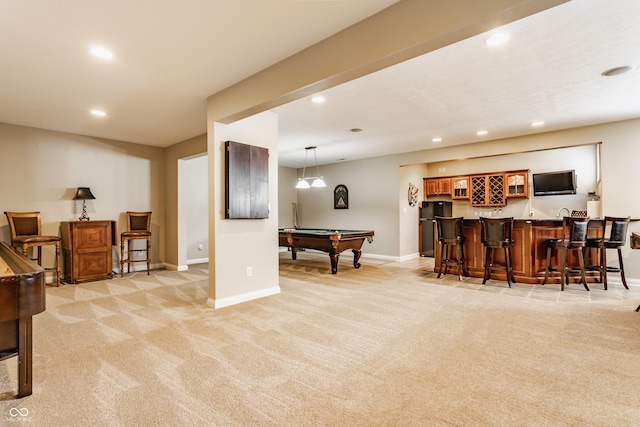 10784 Giselle Way, Fishers, IN 46040 - recreation room featuring bar with sink, pool table, light colored carpet, recessed lighting, and baseboards