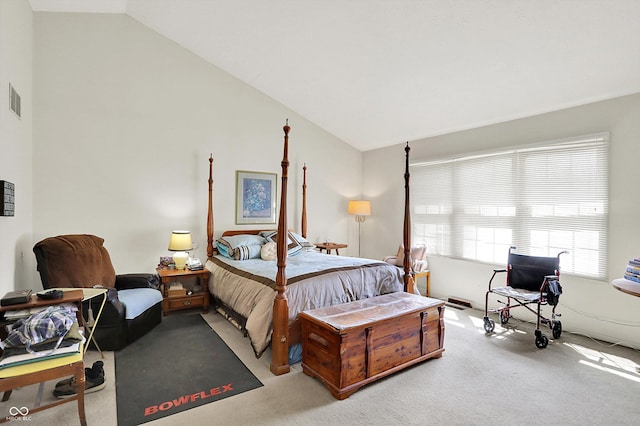 bedroom featuring carpet and vaulted ceiling