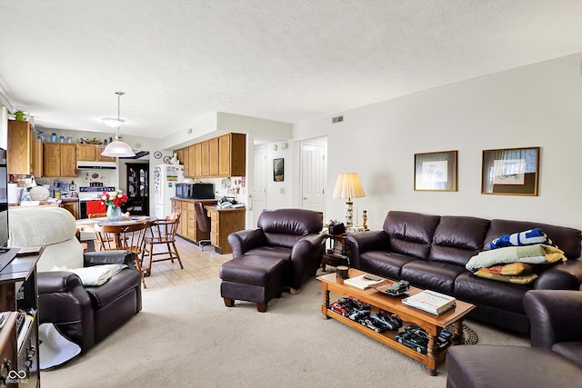 living room with light carpet and a textured ceiling
