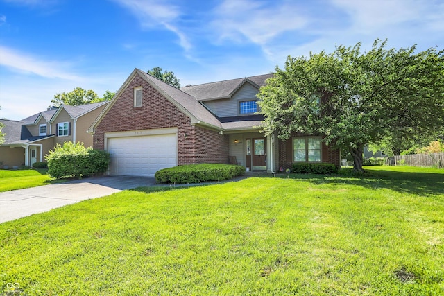 traditional home with brick siding, driveway, and an attached garage