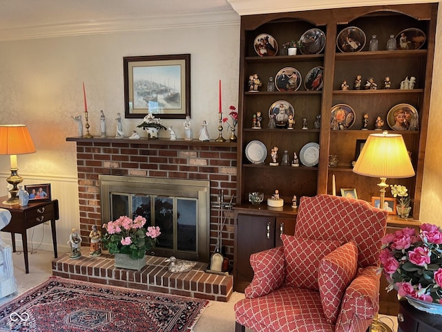 7440 Sylvan Ridge Rd, Indianapolis, IN 46240 - carpeted living room featuring ornamental molding and a fireplace
