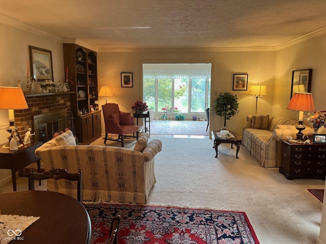 7440 Sylvan Ridge Rd, Indianapolis, IN 46240 - carpeted living room with crown molding, a fireplace, and a textured ceiling
