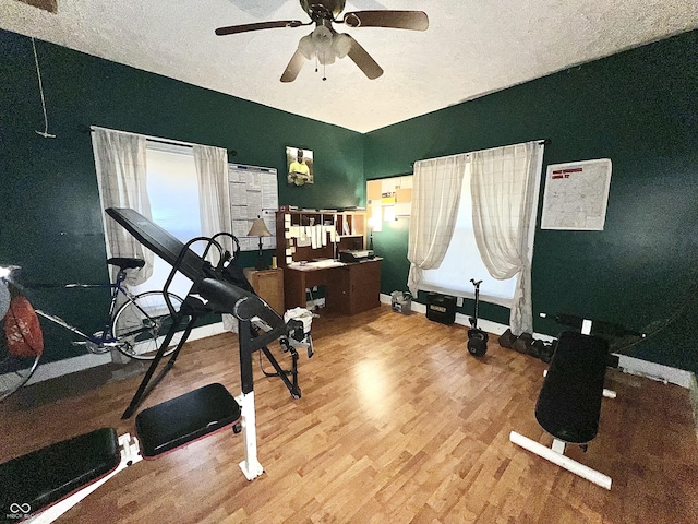 1332 W 26th St, Indianapolis, IN 46208 - exercise room with vaulted ceiling, a ceiling fan, wood finished floors, a textured ceiling, and baseboards