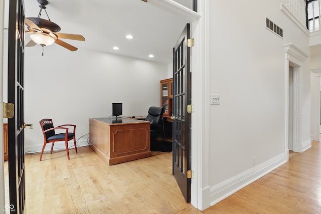 1478 W 500 S, Peru, IN 46970 - office area featuring a ceiling fan, light wood-style flooring, recessed lighting, baseboards, and a high ceiling