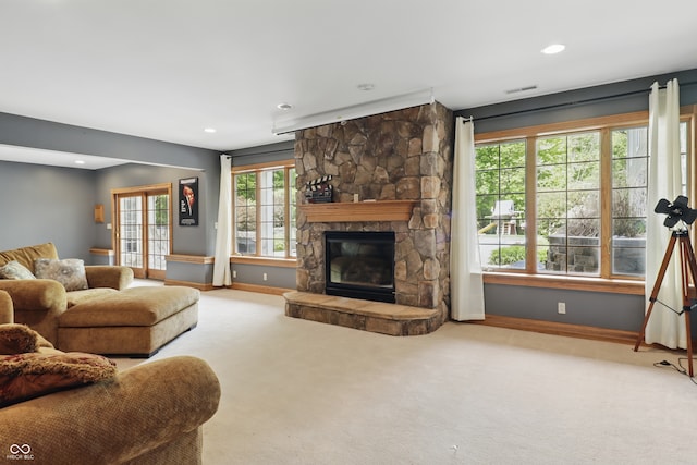 1478 W 500 S, Peru, IN 46970 - carpeted living room with baseboards, a fireplace, and recessed lighting