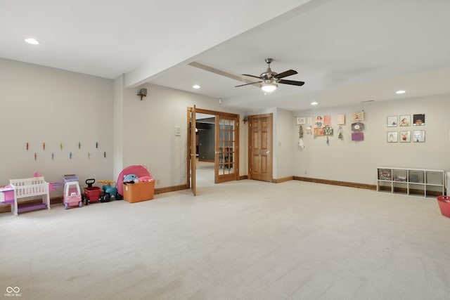 1478 W 500 S, Peru, IN 46970 - recreation room featuring recessed lighting, carpet flooring, beam ceiling, french doors, and ceiling fan