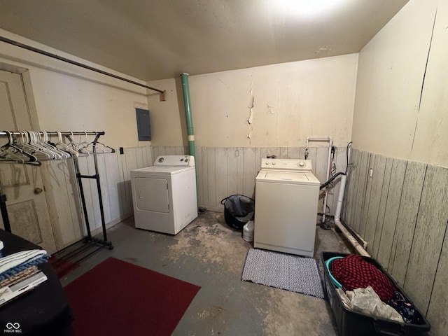 1123 S County Road 855 W, Greensburg, IN 47240 - clothes washing area with independent washer and dryer, a wainscoted wall, wooden walls, and electric panel