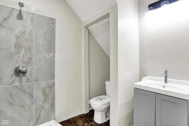 1033 N Dearborn St, Indianapolis, IN 46201 - full bath with toilet, vaulted ceiling, a shower, vanity, and wood finished floors