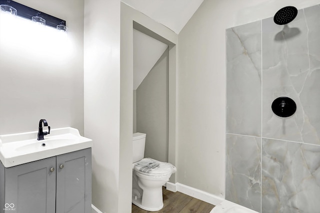 1033 N Dearborn St, Indianapolis, IN 46201 - bathroom featuring toilet, lofted ceiling, a shower, vanity, and wood finished floors
