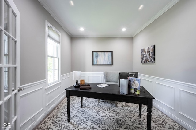 office featuring wood finished floors, ornamental molding, a decorative wall, recessed lighting, and a wainscoted wall