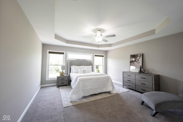 bedroom with a raised ceiling, carpet flooring, multiple windows, and baseboards