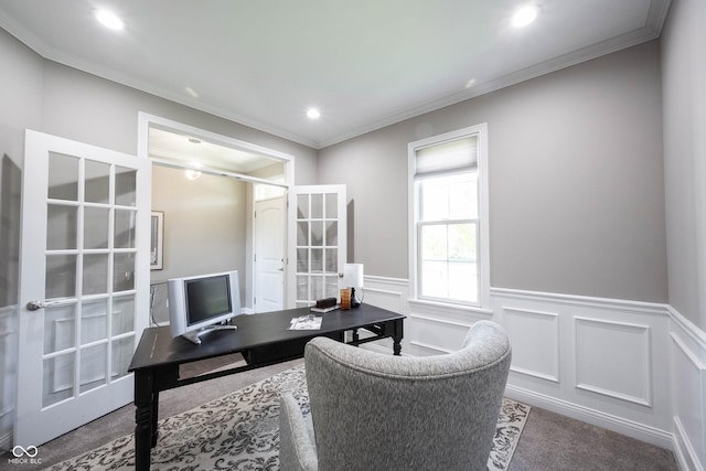 office space with ornamental molding, a wainscoted wall, recessed lighting, french doors, and carpet