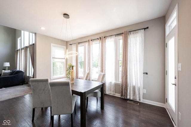dining room with baseboards, dark wood finished floors, healthy amount of natural light, and recessed lighting