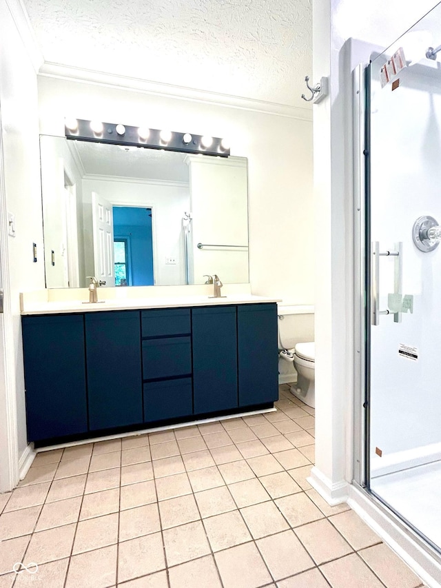 6143 Roberts Pl, Indianapolis, IN 46220 - full bath with ornamental molding, a stall shower, toilet, tile patterned floors, and double vanity