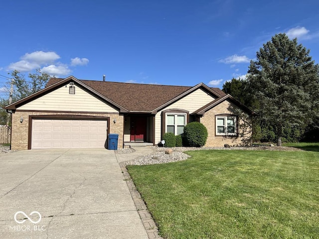 6143 Roberts Pl, Indianapolis, IN 46220 - ranch-style house with driveway, an attached garage, a front lawn, and brick siding