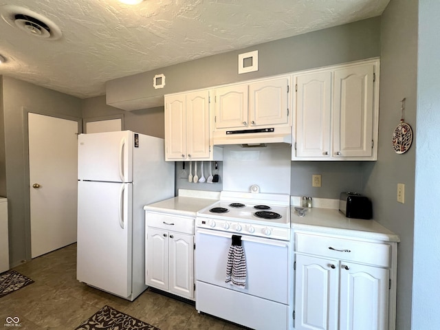 2508 Pamela Ct, Anderson, IN 46012 - kitchen with white appliances, under cabinet range hood, white cabinetry, and a textured ceiling