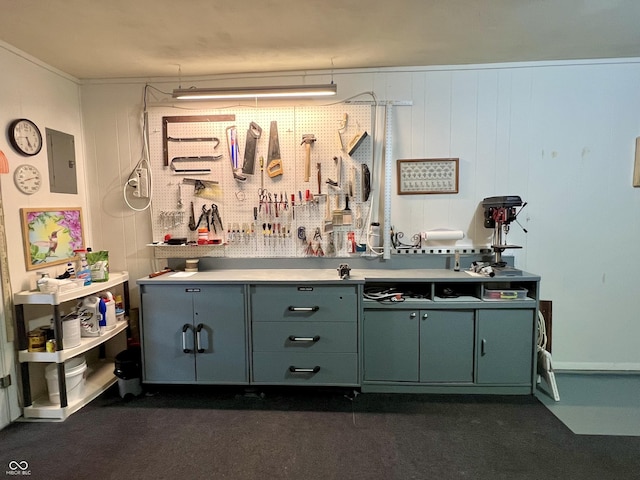 2508 Pamela Ct, Anderson, IN 46012 - bar area featuring a workshop area, dark carpet, and electric panel