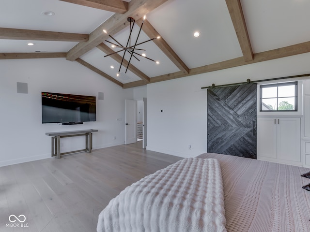 bedroom featuring a chandelier, wood finished floors, baseboards, and recessed lighting