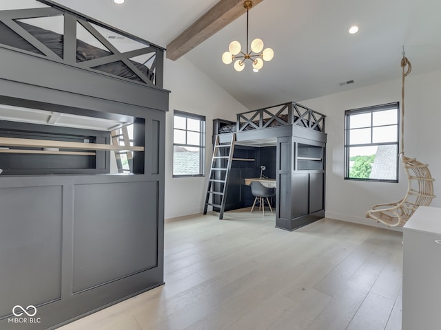 bedroom featuring multiple windows, a chandelier, wood finished floors, baseboards, and recessed lighting