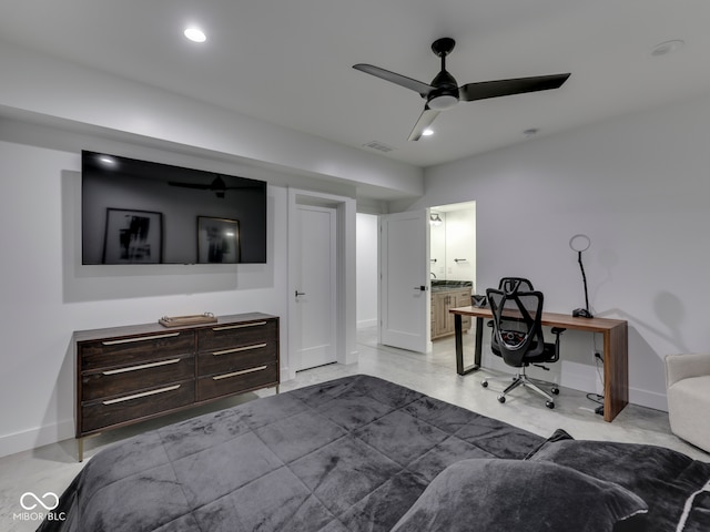 bedroom with baseboards, recessed lighting, ceiling fan, a desk, and ensuite bathroom