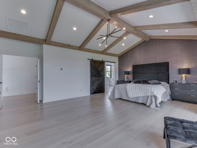 bedroom featuring a barn door, beam ceiling, light wood-type flooring, recessed lighting, and baseboards