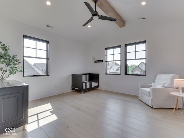 living area featuring a ceiling fan, light wood-type flooring, recessed lighting, and baseboards