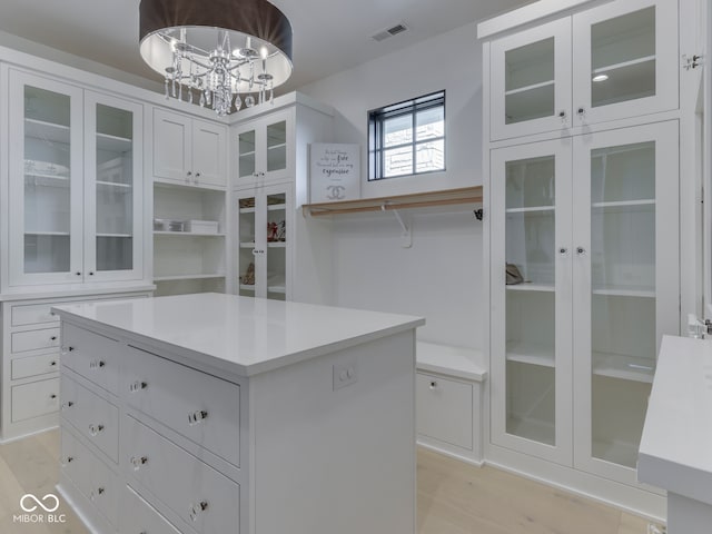 walk in closet featuring a chandelier and light wood-style floors