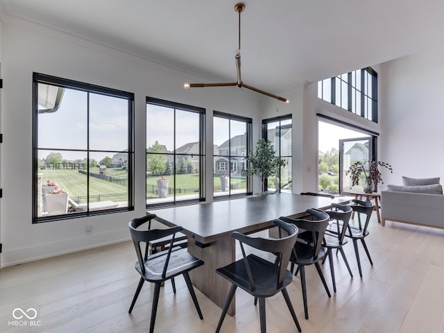 dining area featuring plenty of natural light, light wood-style flooring, ornamental molding, and baseboards