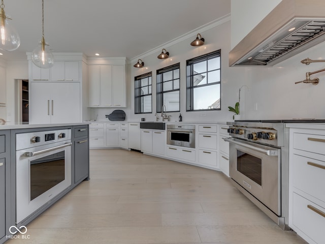 kitchen featuring stainless steel appliances, premium range hood, ornamental molding, light countertops, and white cabinetry