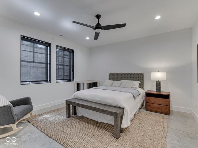 bedroom featuring baseboards, recessed lighting, and ceiling fan