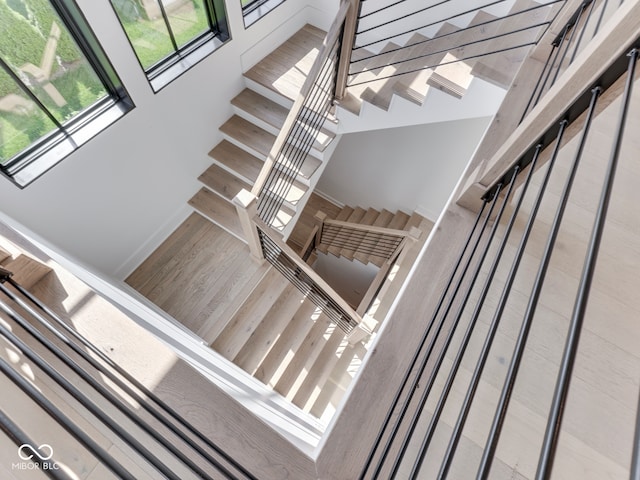 staircase with wood finished floors and a high ceiling