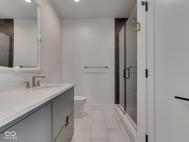 full bath featuring a shower stall, vanity, tile patterned floors, toilet, and recessed lighting