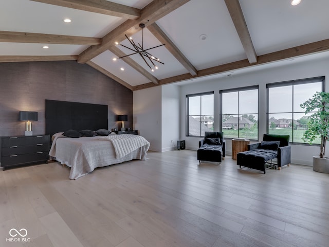 bedroom with a chandelier, baseboards, light wood-style flooring, and recessed lighting