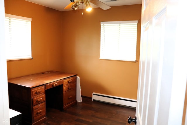 706 Bobs Ct, Beech Grove, IN 46107 - unfurnished office featuring a baseboard heating unit, dark wood-style flooring, and ceiling fan
