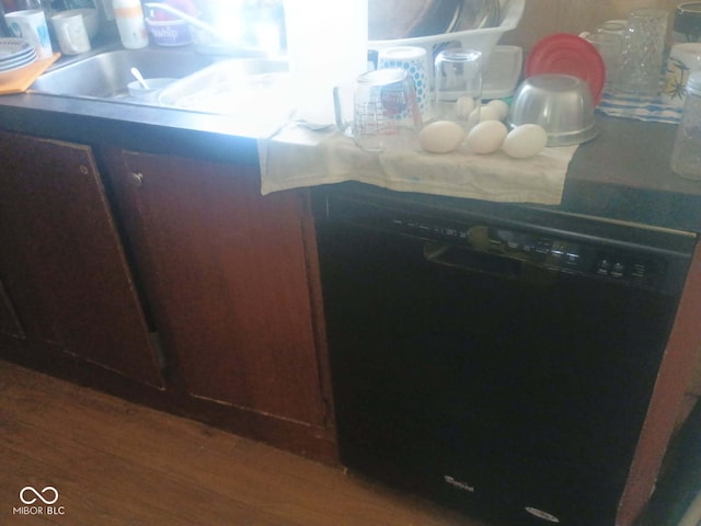 kitchen featuring black dishwasher, wood finished floors, and a sink