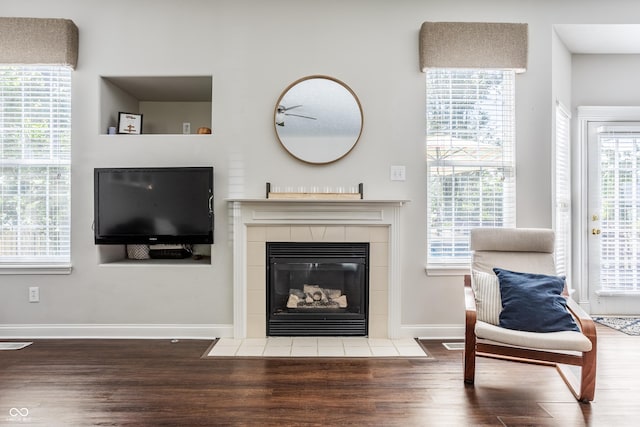 11419 Niagara Dr, Fishers, IN 46037 - living room featuring wood finished floors, a fireplace, and baseboards
