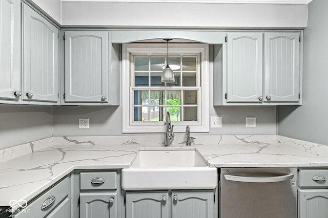 12388 Camberley Ln, Carmel, IN 46033 - kitchen featuring stainless steel dishwasher, a sink, gray cabinetry, and pendant lighting
