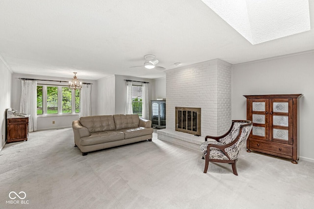 12388 Camberley Ln, Carmel, IN 46033 - living area featuring a brick fireplace, light carpet, a chandelier, and a ceiling fan
