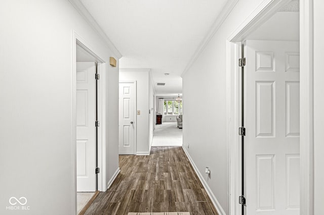 12388 Camberley Ln, Carmel, IN 46033 - hallway featuring ornamental molding, dark wood finished floors, and baseboards